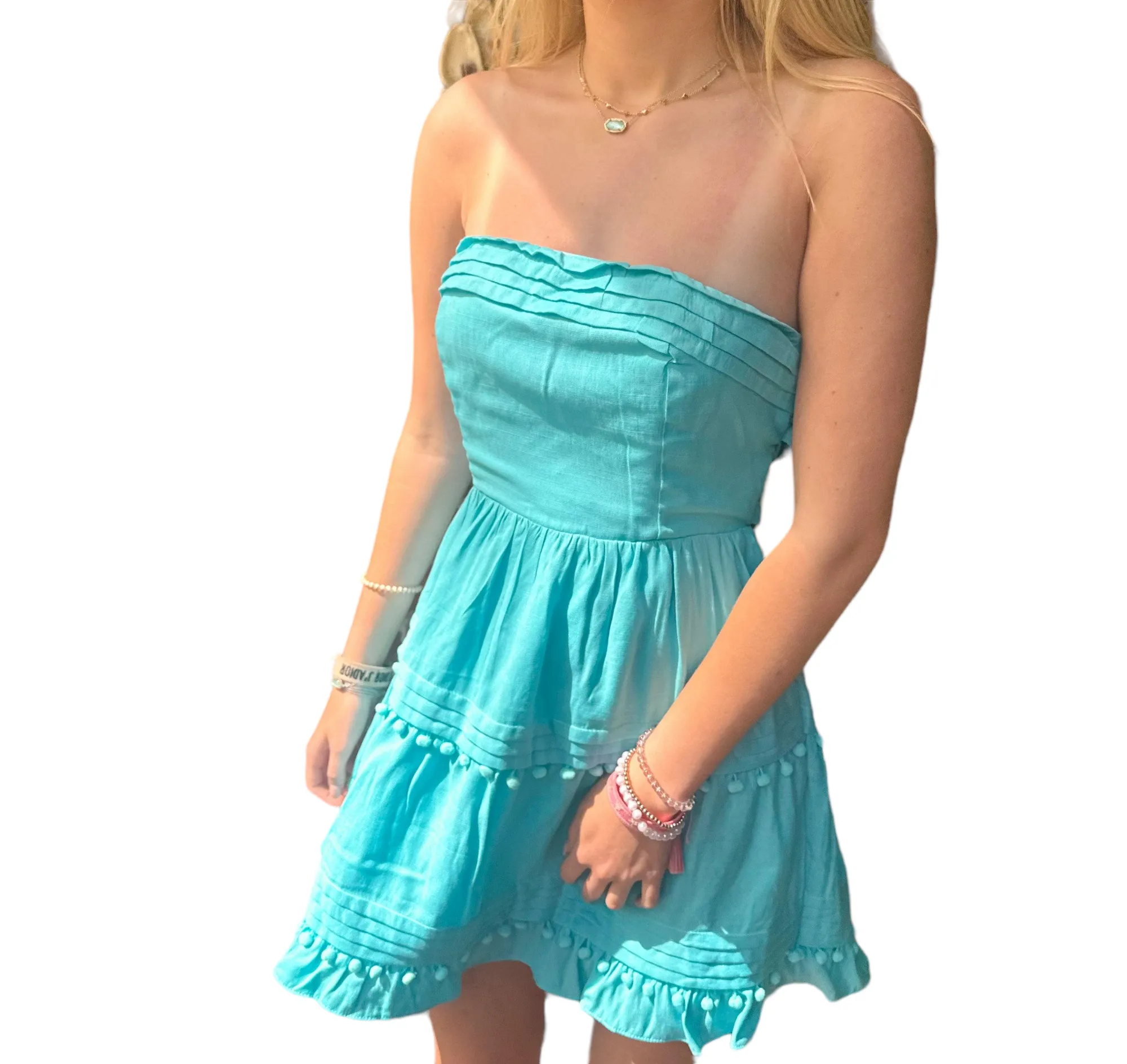 Aqua Bliss Strapless Dress with Pom Poms