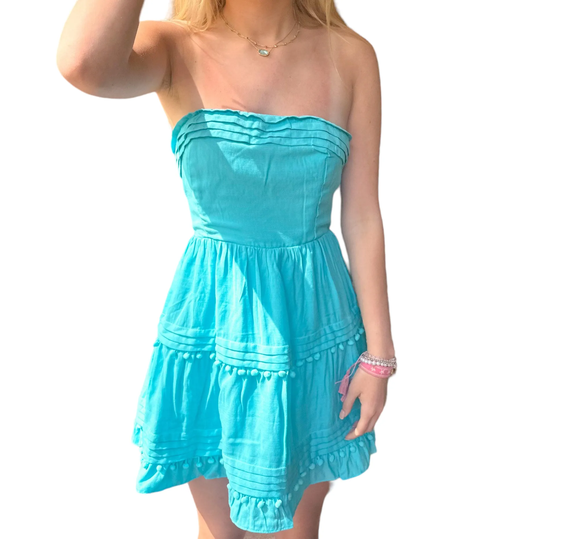 Aqua Bliss Strapless Dress with Pom Poms