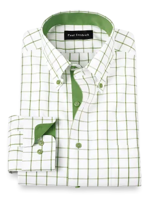 Comfort Stretch Non-Iron Check Dress Shirt With Contrast Trim - Green
