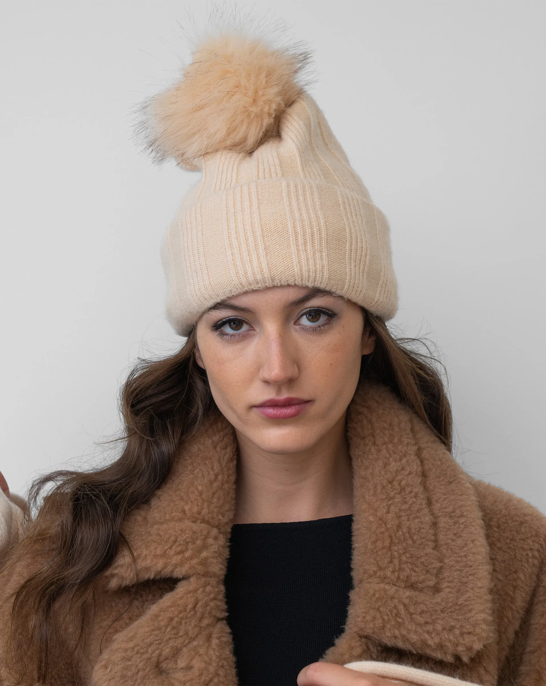 Faux Fur Pom-Pom Wool Hat