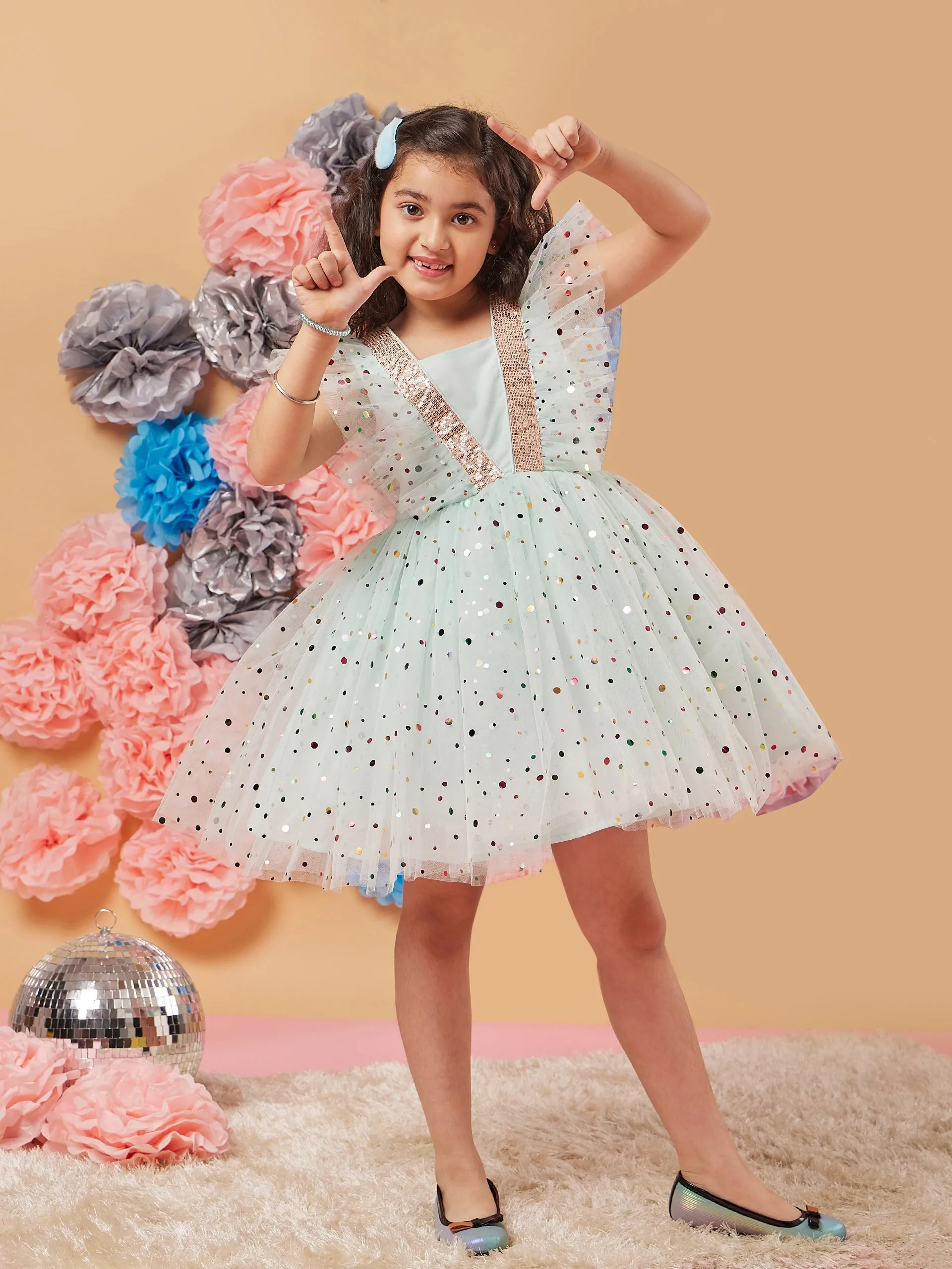 Girls Polka Dot Printed Gathered Net Fit Flare Dress