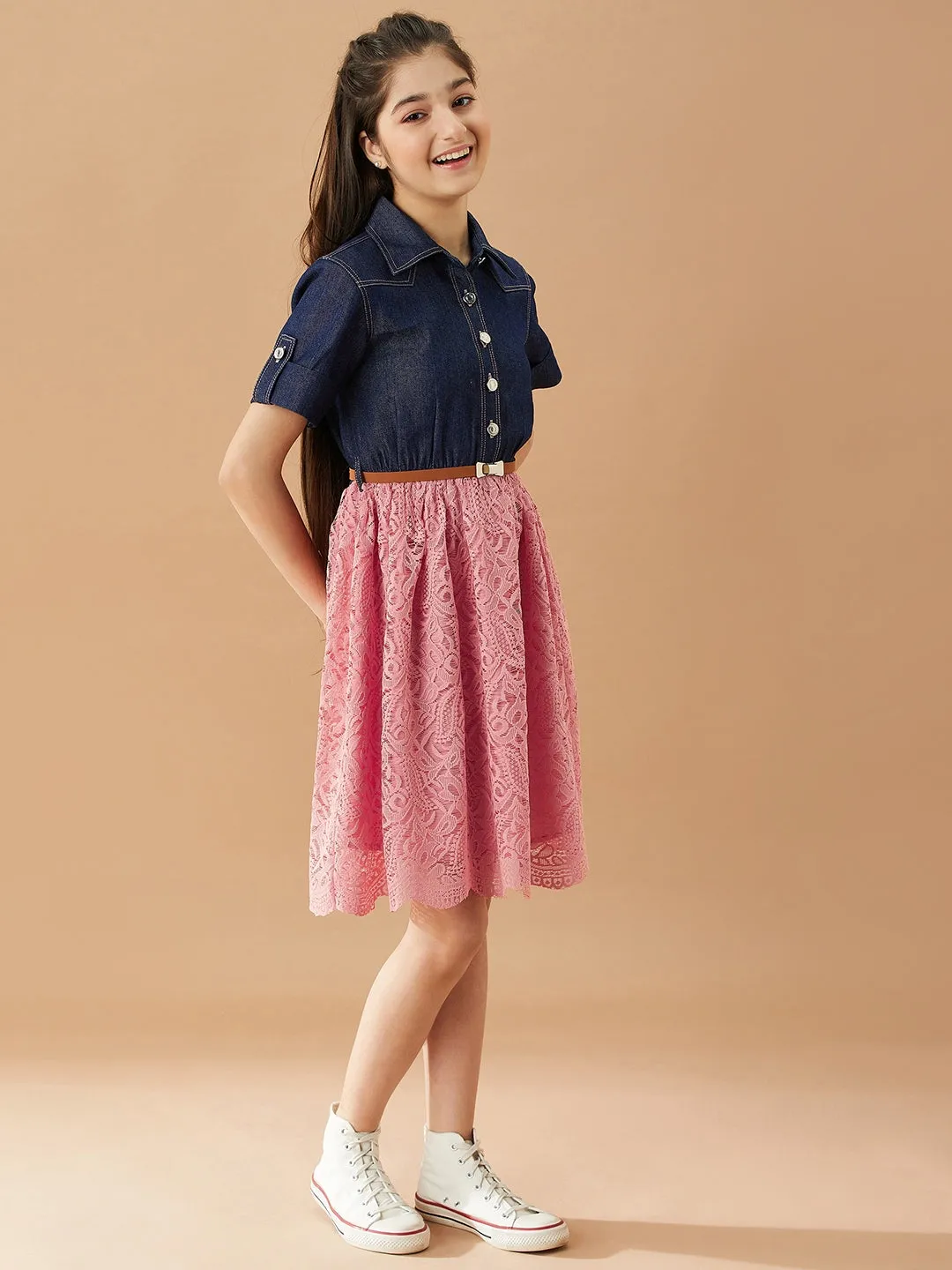Girls Shirt Collar Fit Flare Dress