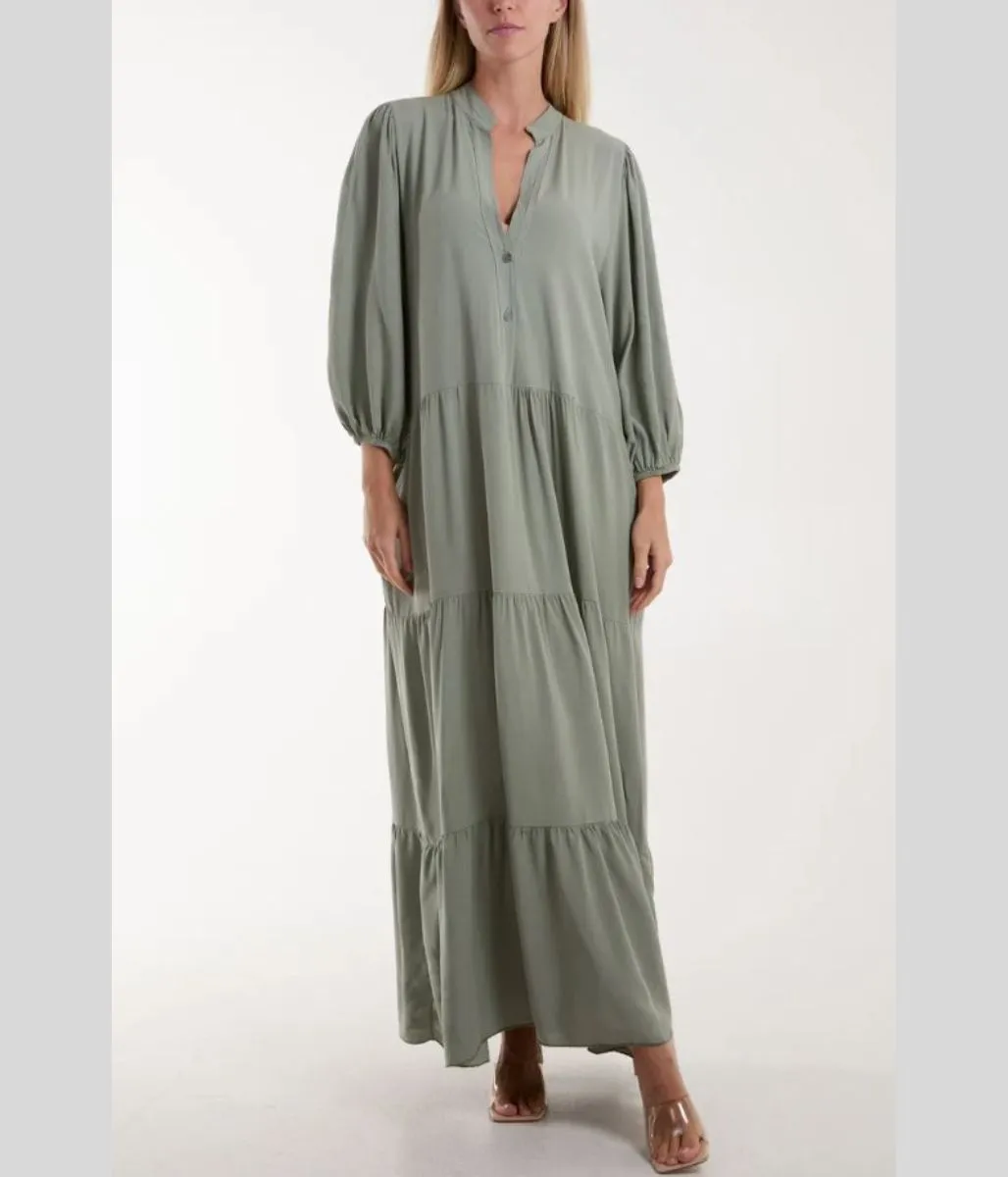Khaki Tiered Maxi Shirt Dress
