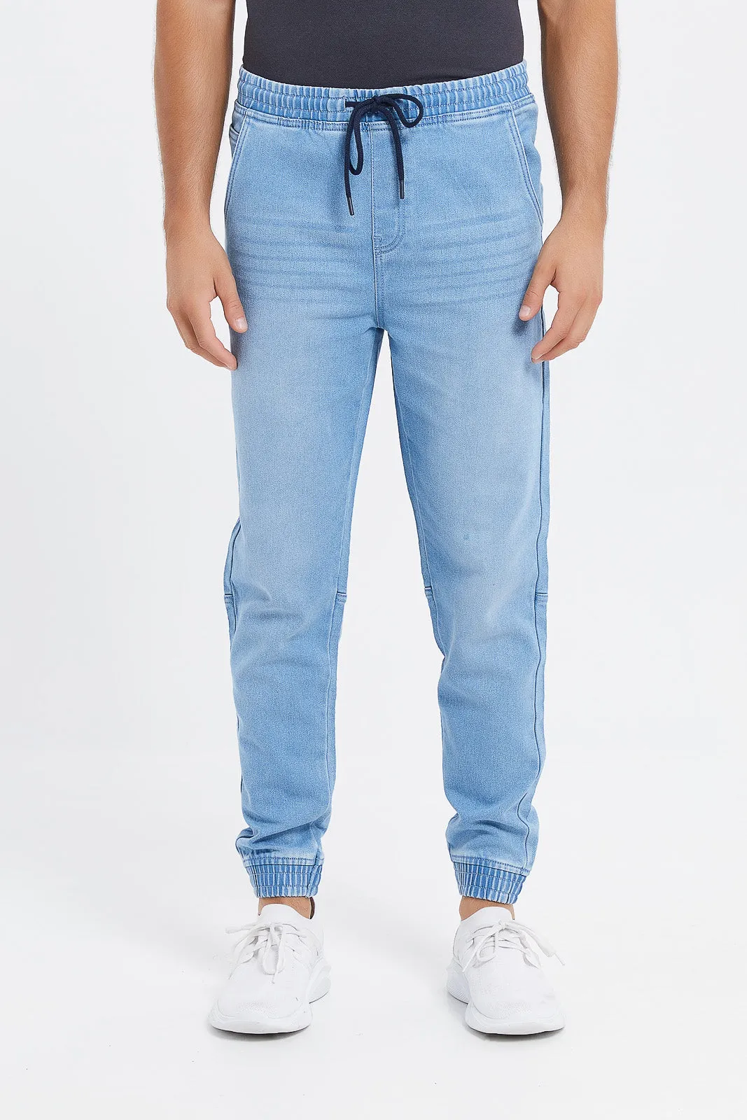 Men Blue Knit Denim Joggers
