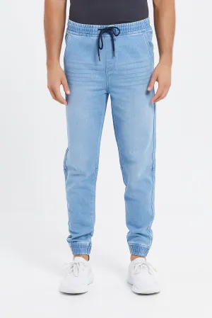 Men Blue Knit Denim Joggers