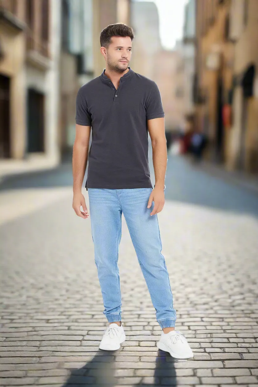 Men Blue Knit Denim Joggers