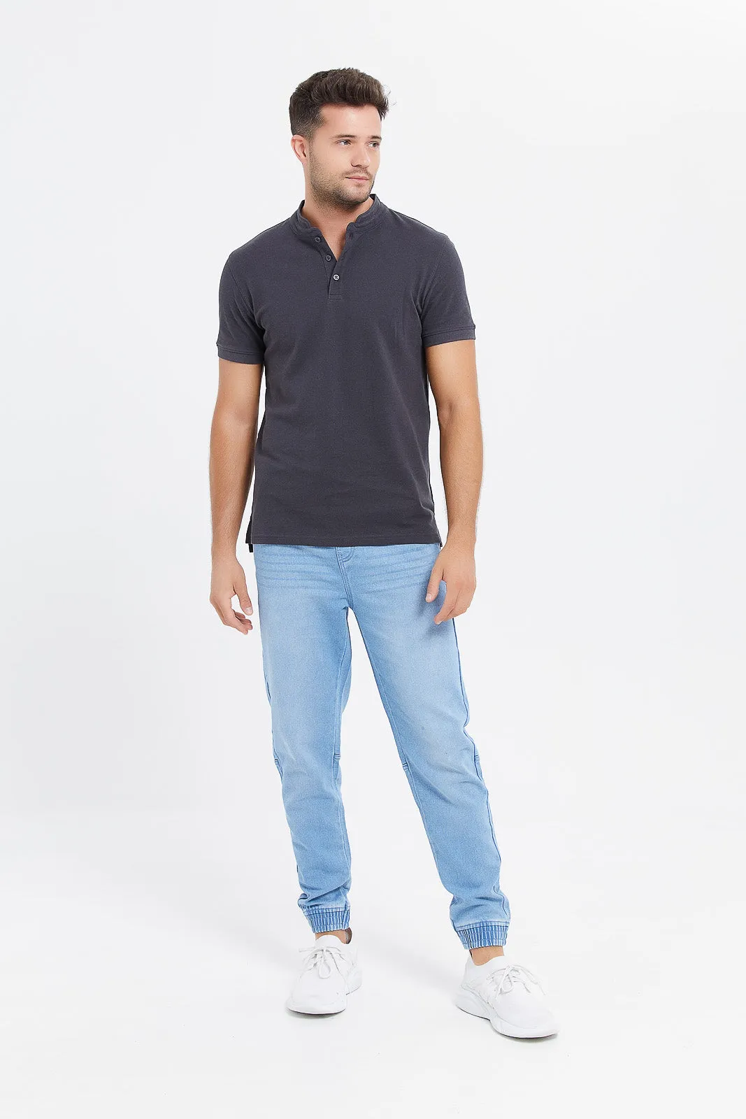 Men Blue Knit Denim Joggers