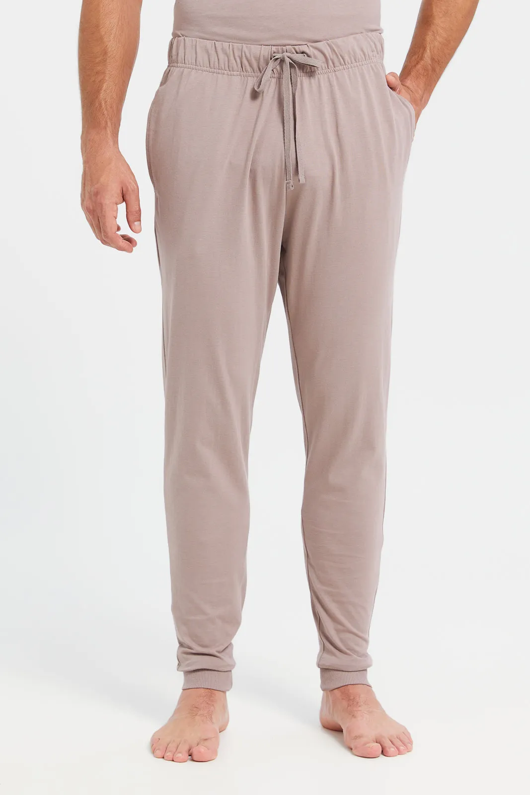 Men Pink Plain T-Shirt And  Pants Pyjama Set (2 Piece)