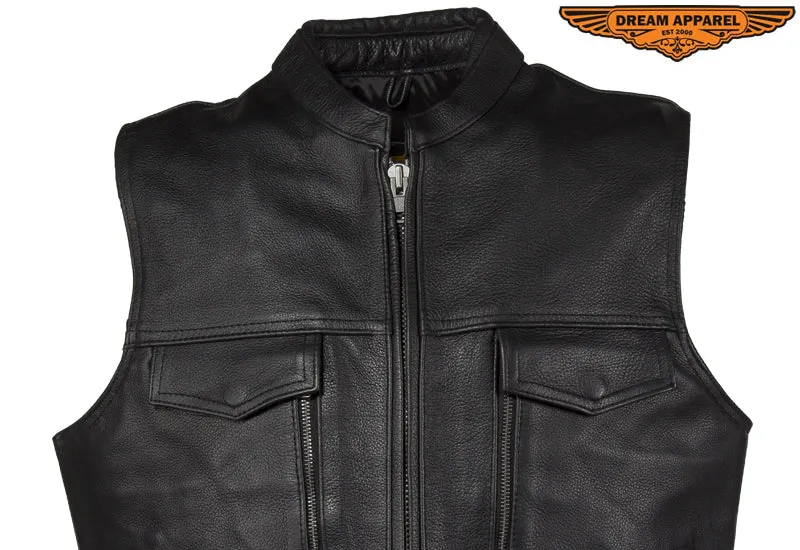 Mens Leather Club Vest With Gun Pocket & Hidden Pockets