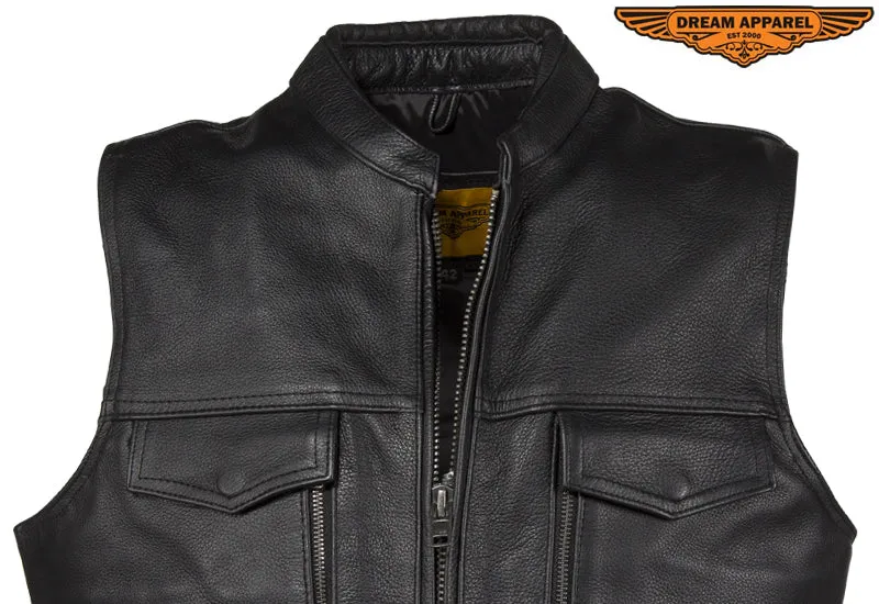 Mens Leather Club Vest With Gun Pocket & Hidden Pockets