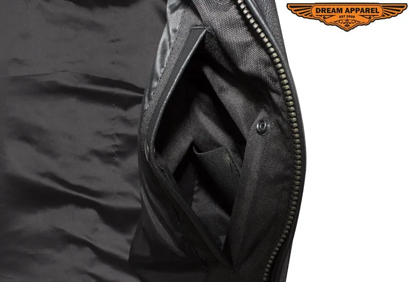 Mens Leather Club Vest With Gun Pocket & Hidden Pockets