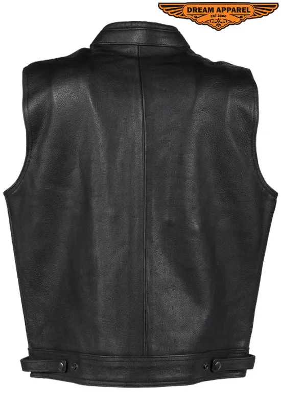 Mens Leather Club Vest With Gun Pocket & Hidden Pockets