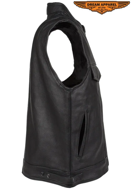 Mens Leather Club Vest With Gun Pocket & Hidden Pockets