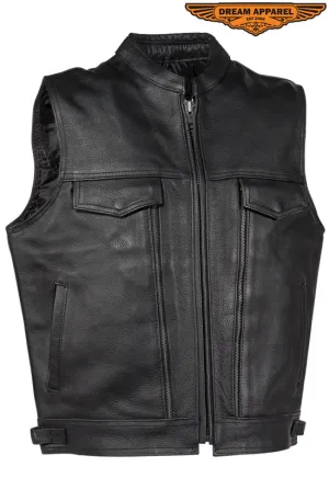 Mens Leather Club Vest With Gun Pocket & Hidden Pockets