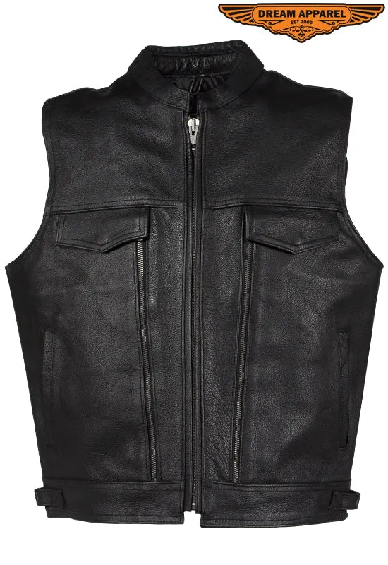 Mens Leather Club Vest With Gun Pocket & Hidden Pockets