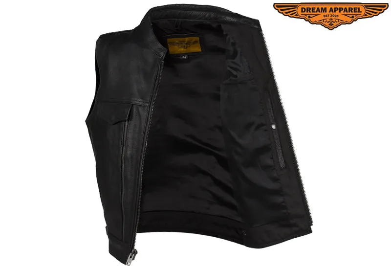 Mens Leather Club Vest With Gun Pocket & Hidden Pockets