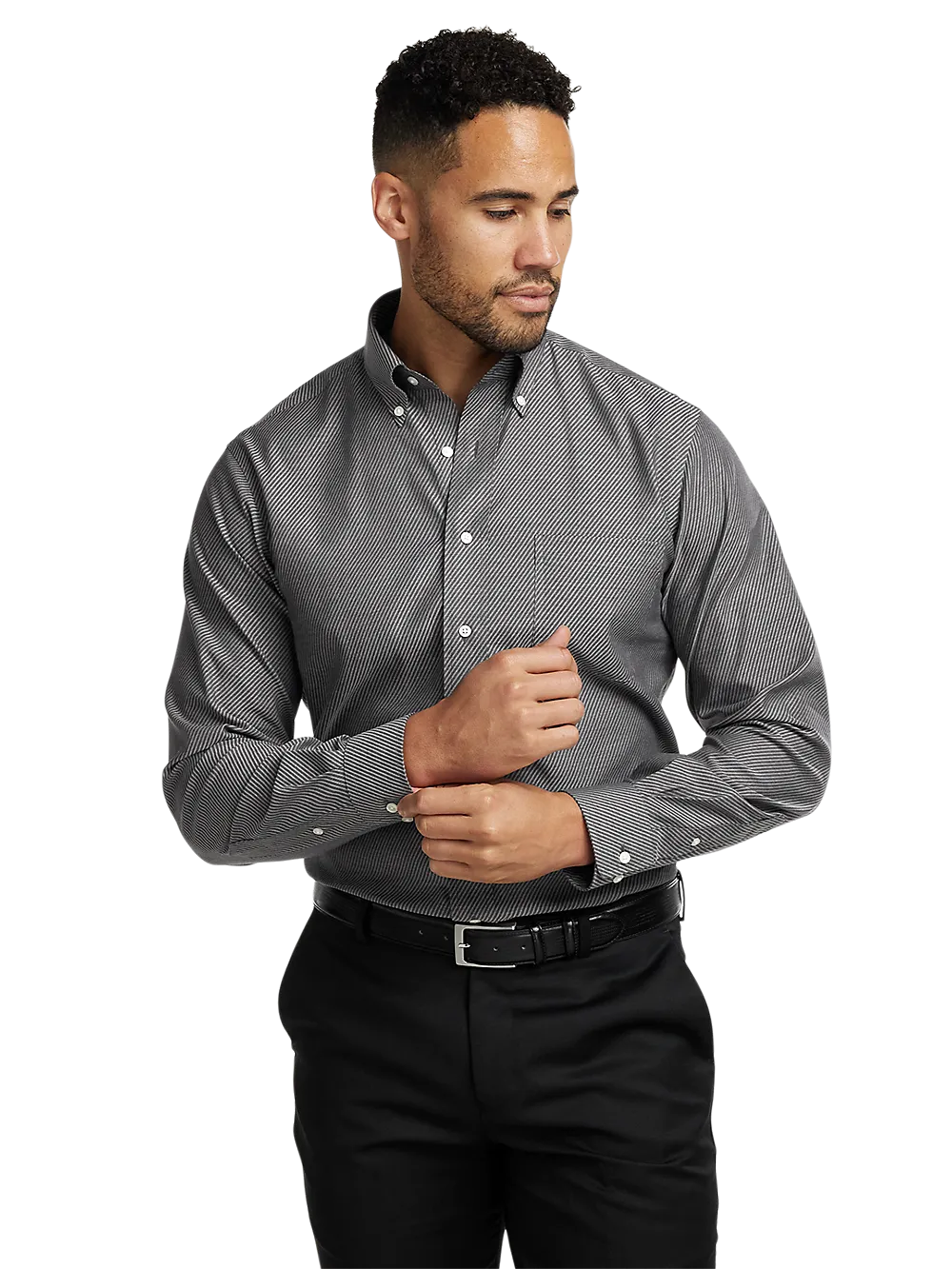 Non-Iron Cotton Diagonal Stripe Dress Shirt - Black