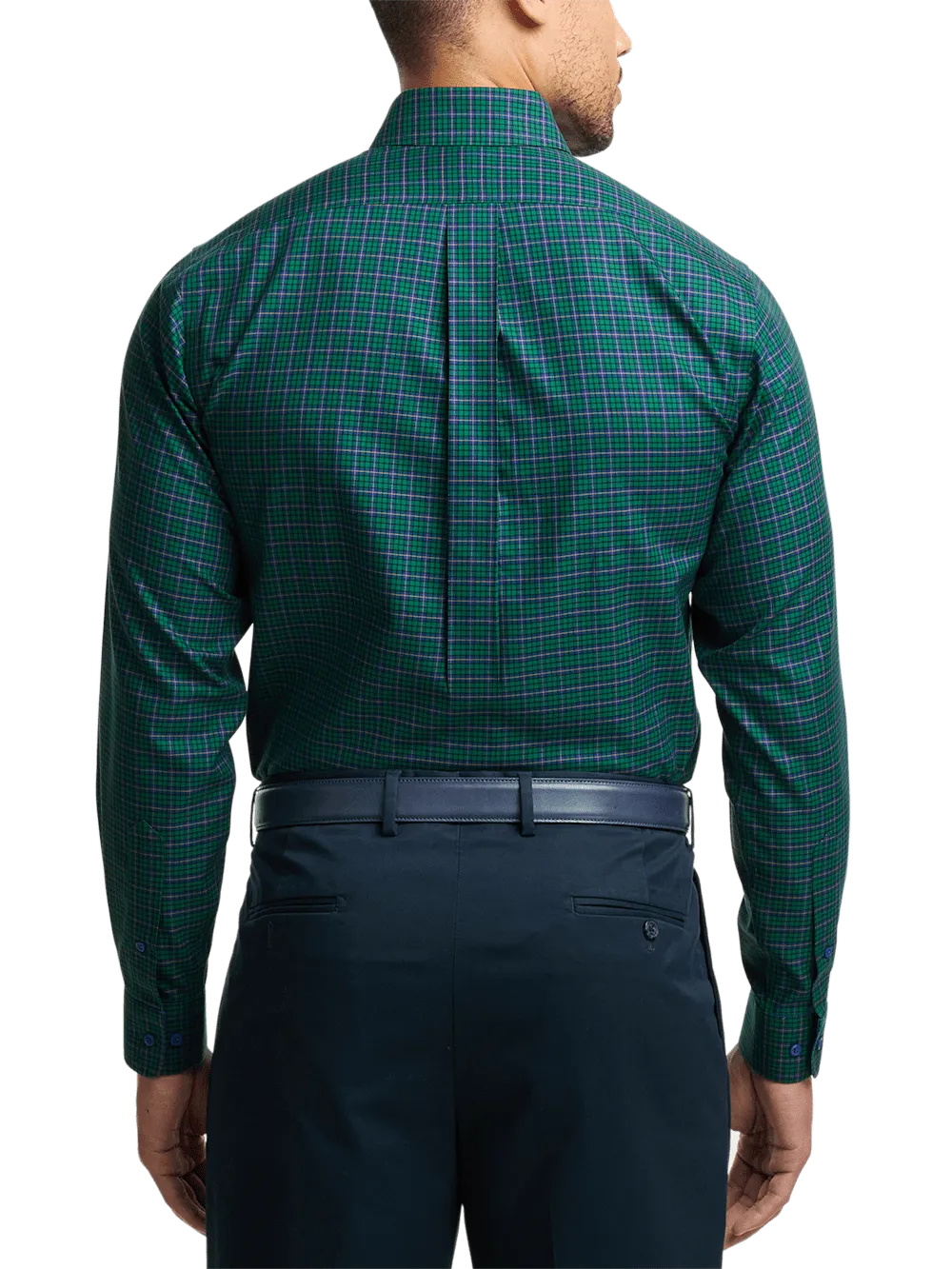 Non-Iron Cotton Plaid Dress Shirt With Contrast Trim - Green/blue