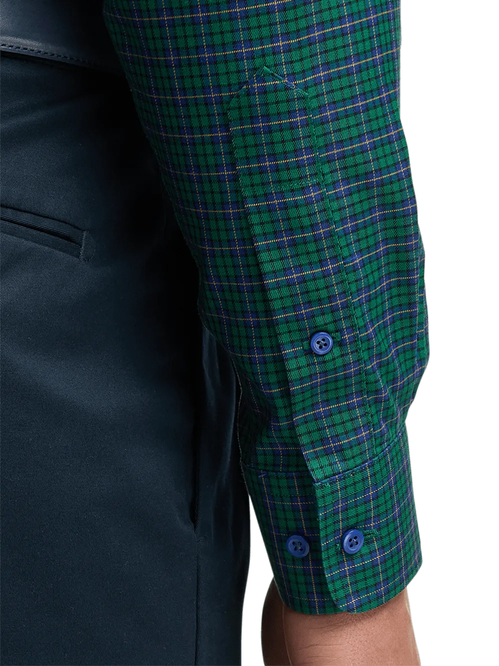 Non-Iron Cotton Plaid Dress Shirt With Contrast Trim - Green/blue