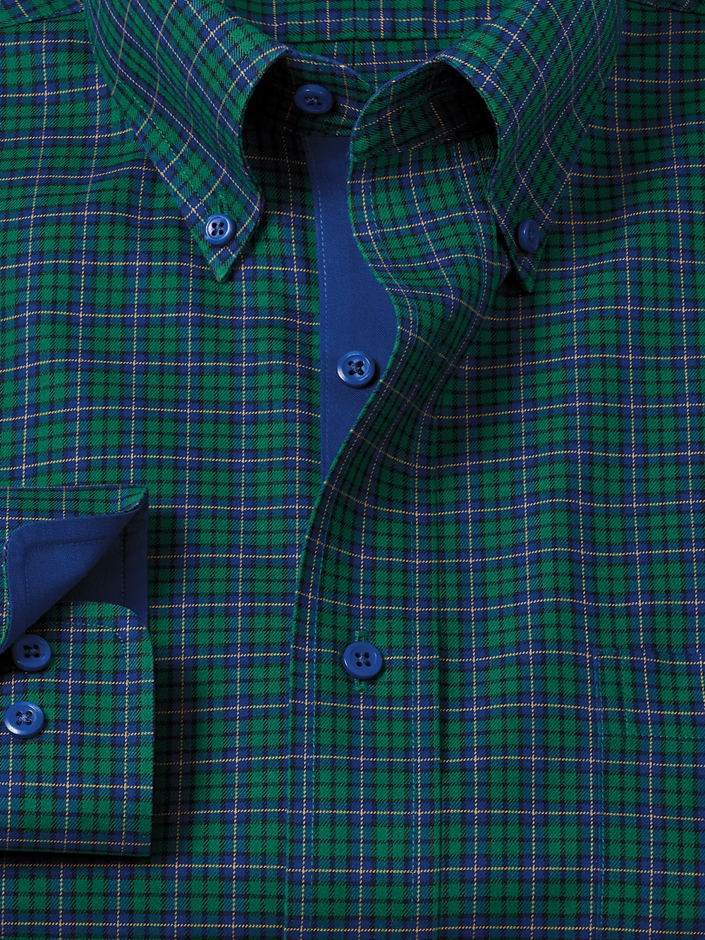 Non-Iron Cotton Plaid Dress Shirt With Contrast Trim - Green/blue