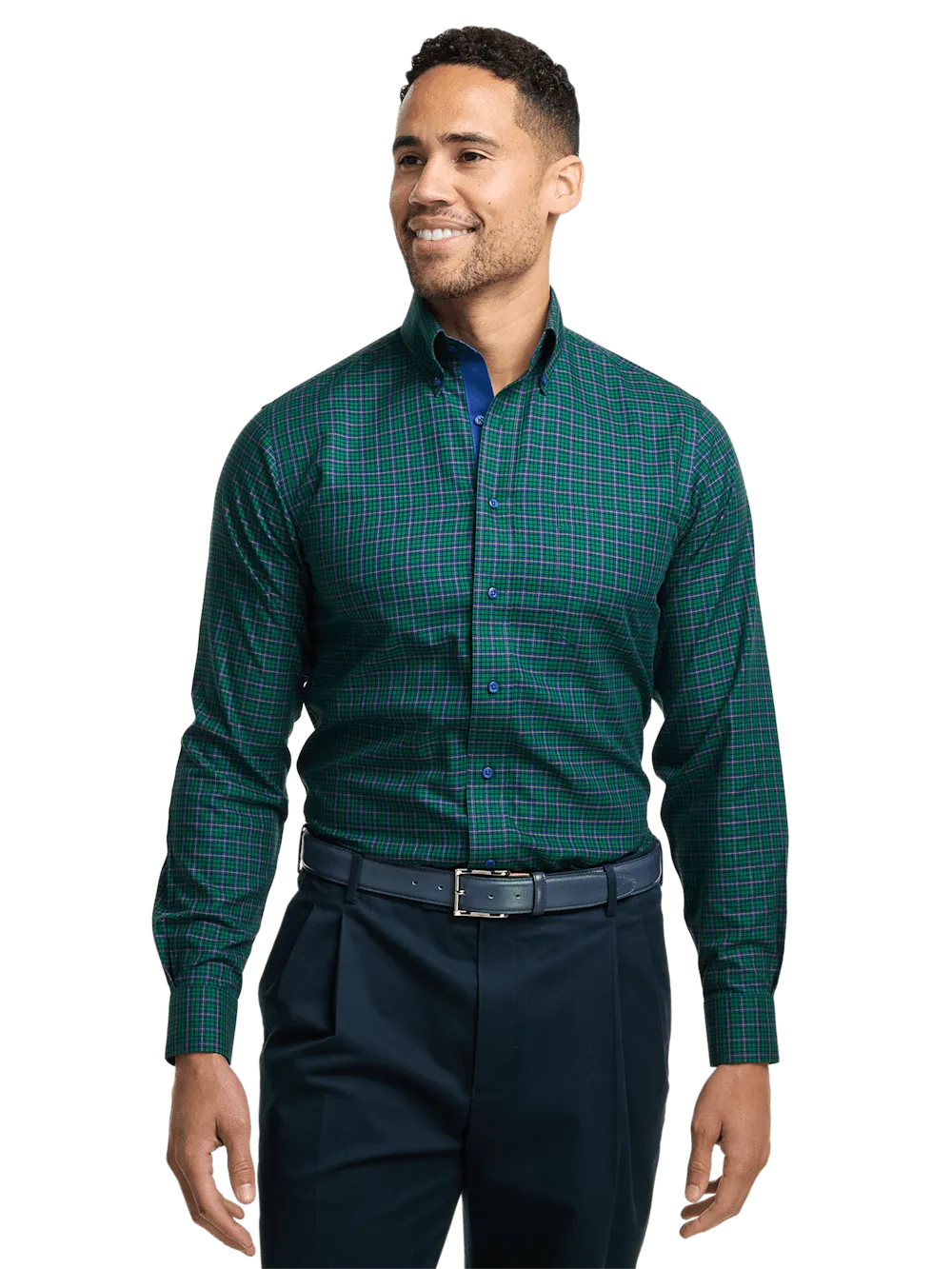 Non-Iron Cotton Plaid Dress Shirt With Contrast Trim - Green/blue