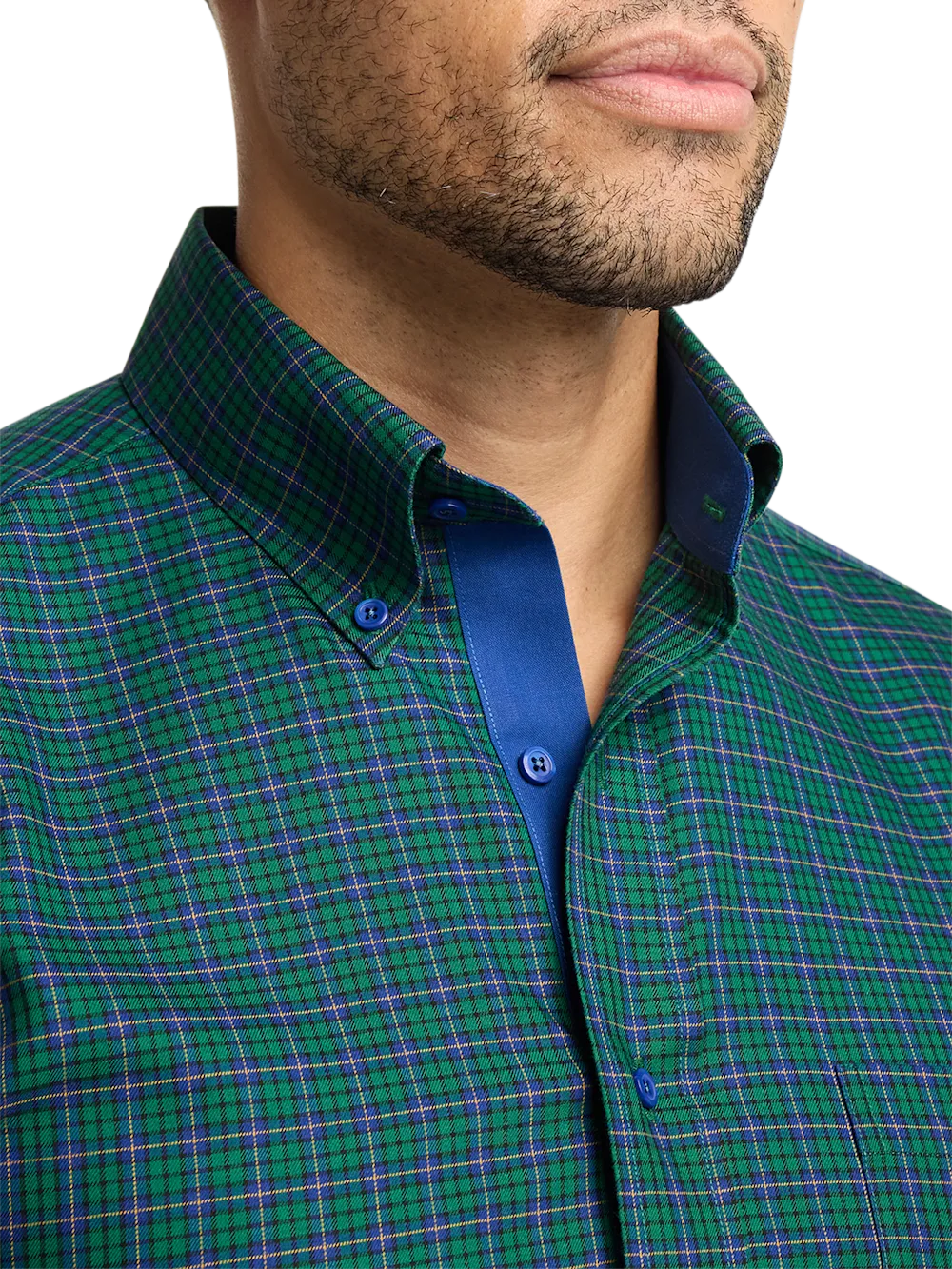 Non-Iron Cotton Plaid Dress Shirt With Contrast Trim - Green/blue
