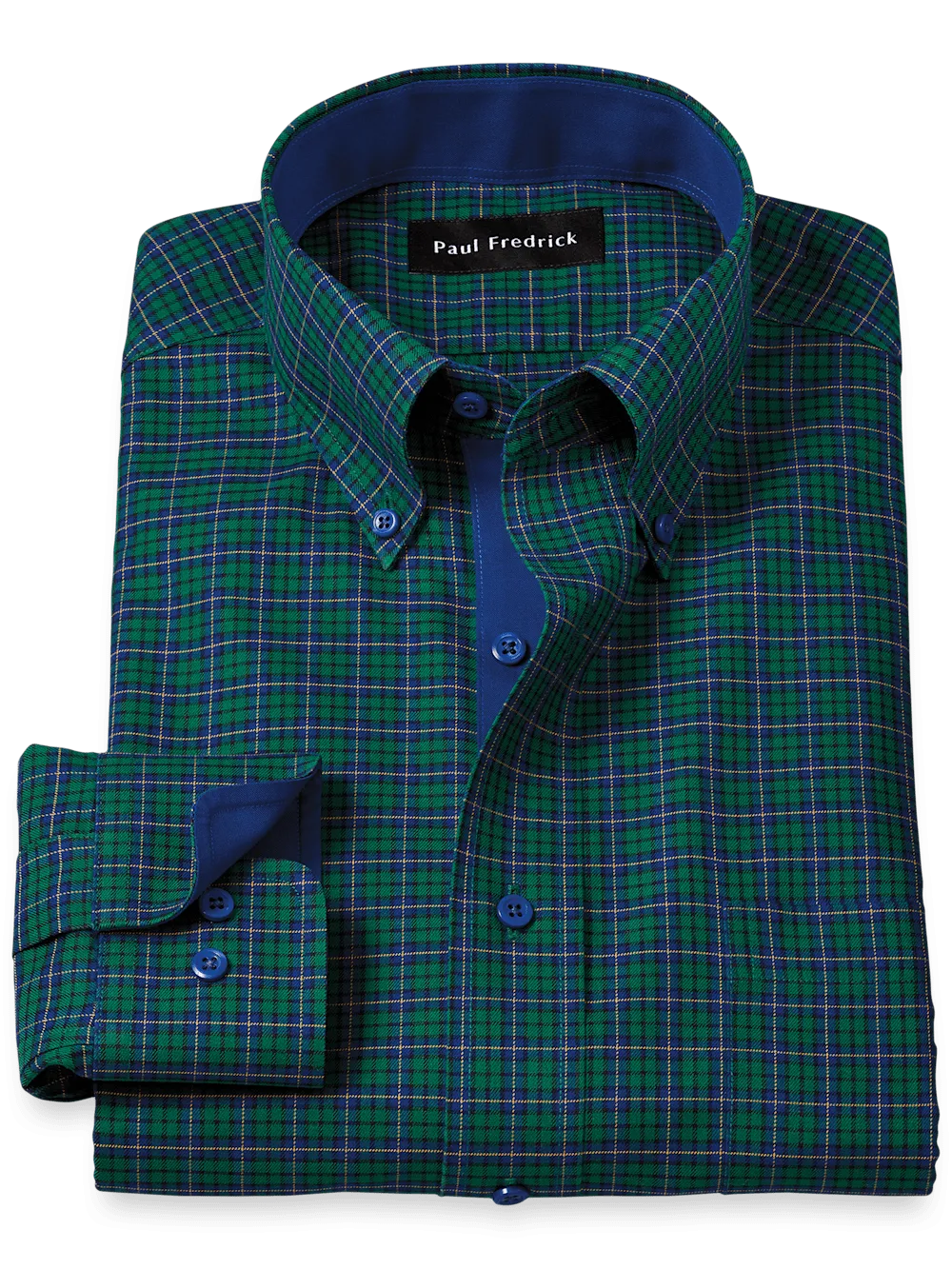 Non-Iron Cotton Plaid Dress Shirt With Contrast Trim - Green/blue