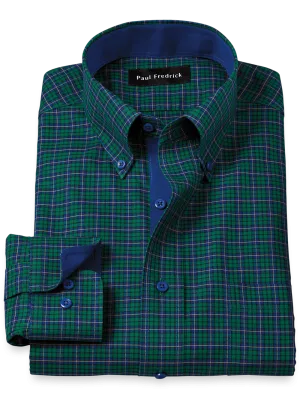 Non-Iron Cotton Plaid Dress Shirt With Contrast Trim - Green/blue