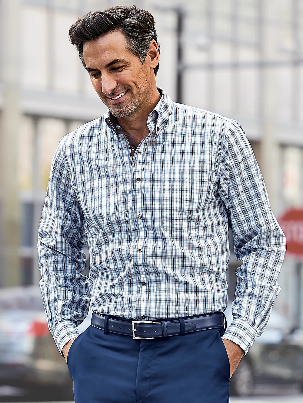 Non-Iron Cotton Plaid Dress Shirt With Contrast Trim - Teal