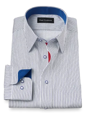 Non-Iron Cotton Stripe Dress Shirt With Contrast Trim - Cobalt