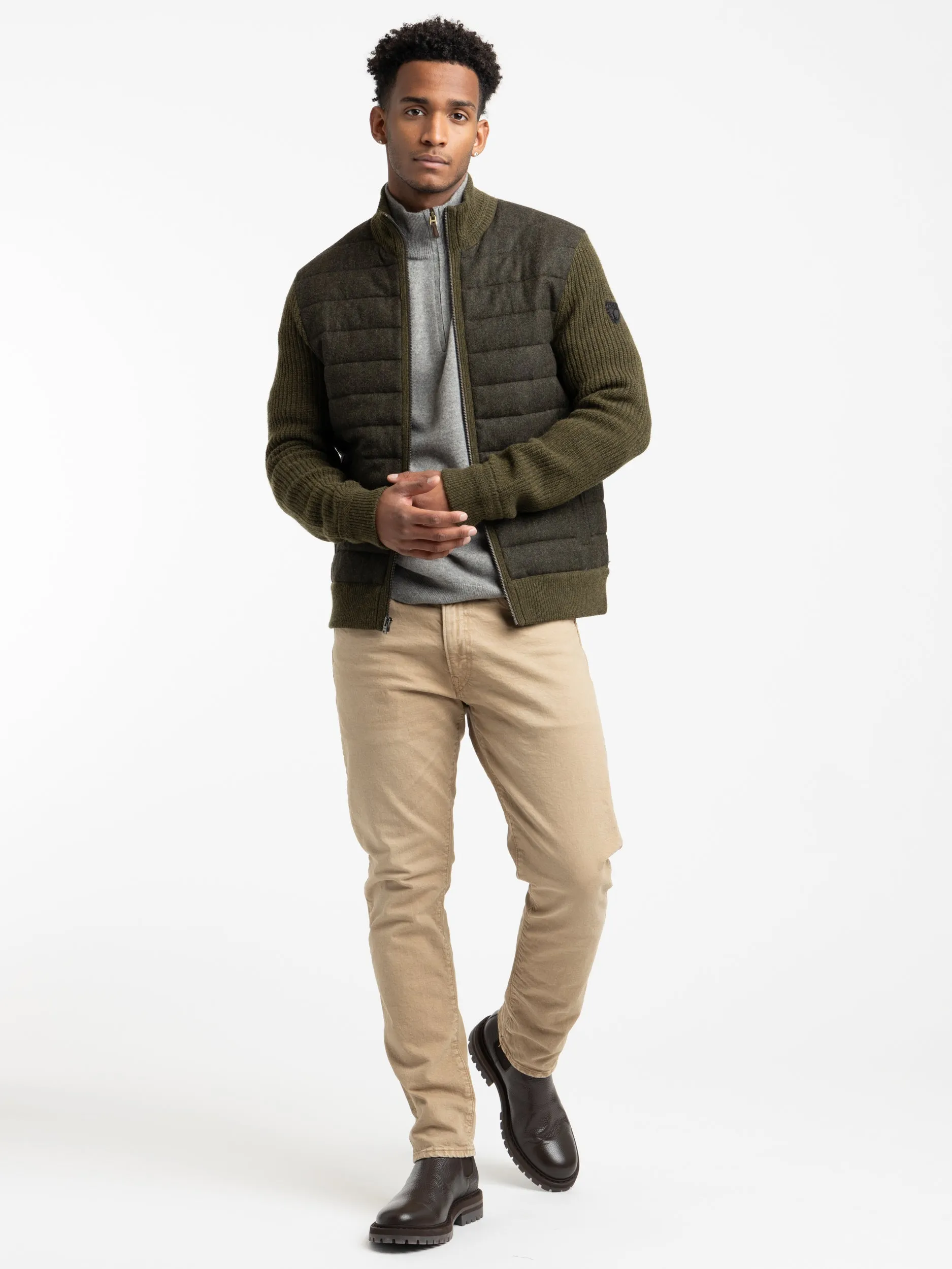 Olive Green Wool-Cashmere Hybrid Full-Zip Sweater