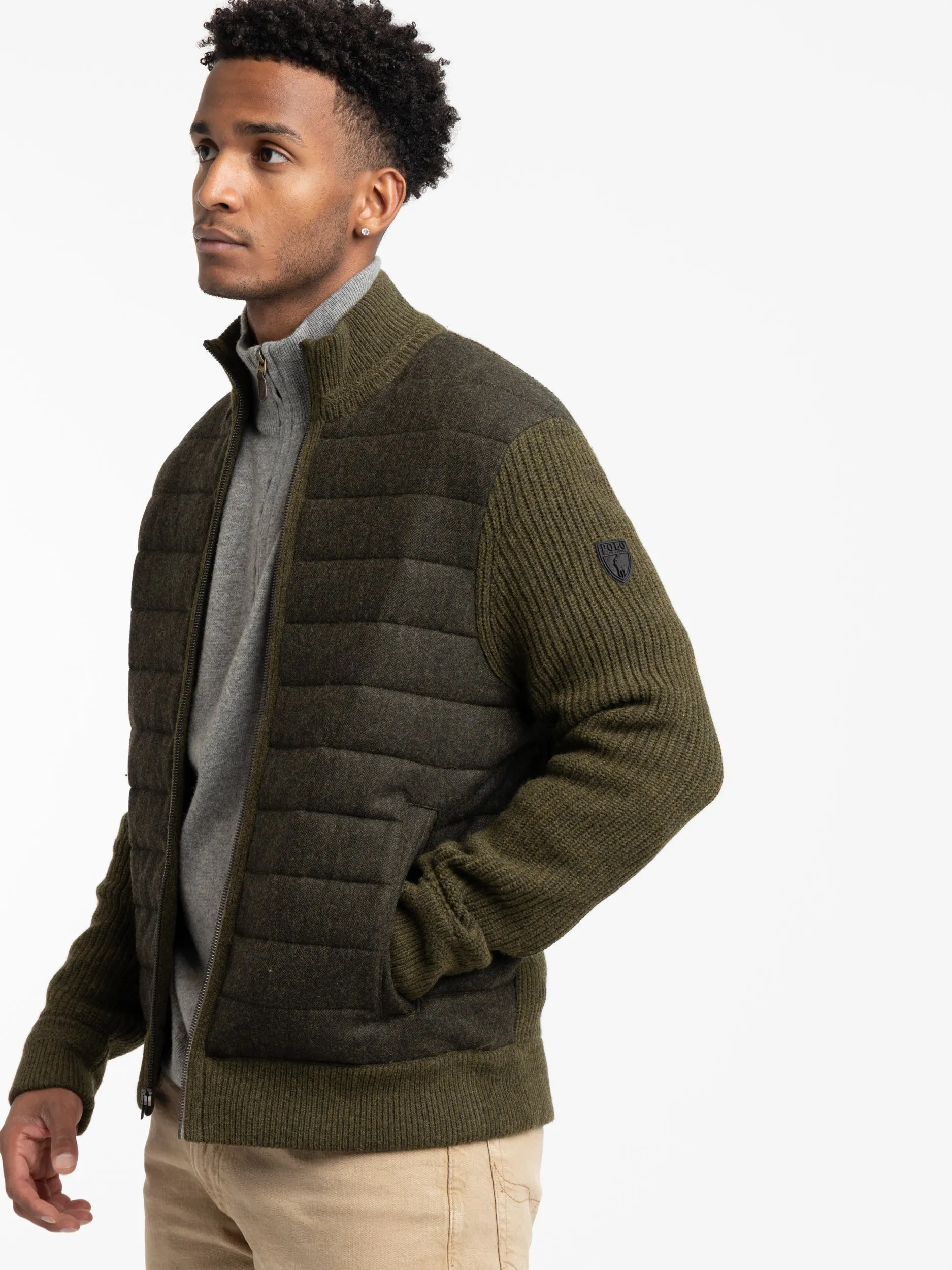 Olive Green Wool-Cashmere Hybrid Full-Zip Sweater