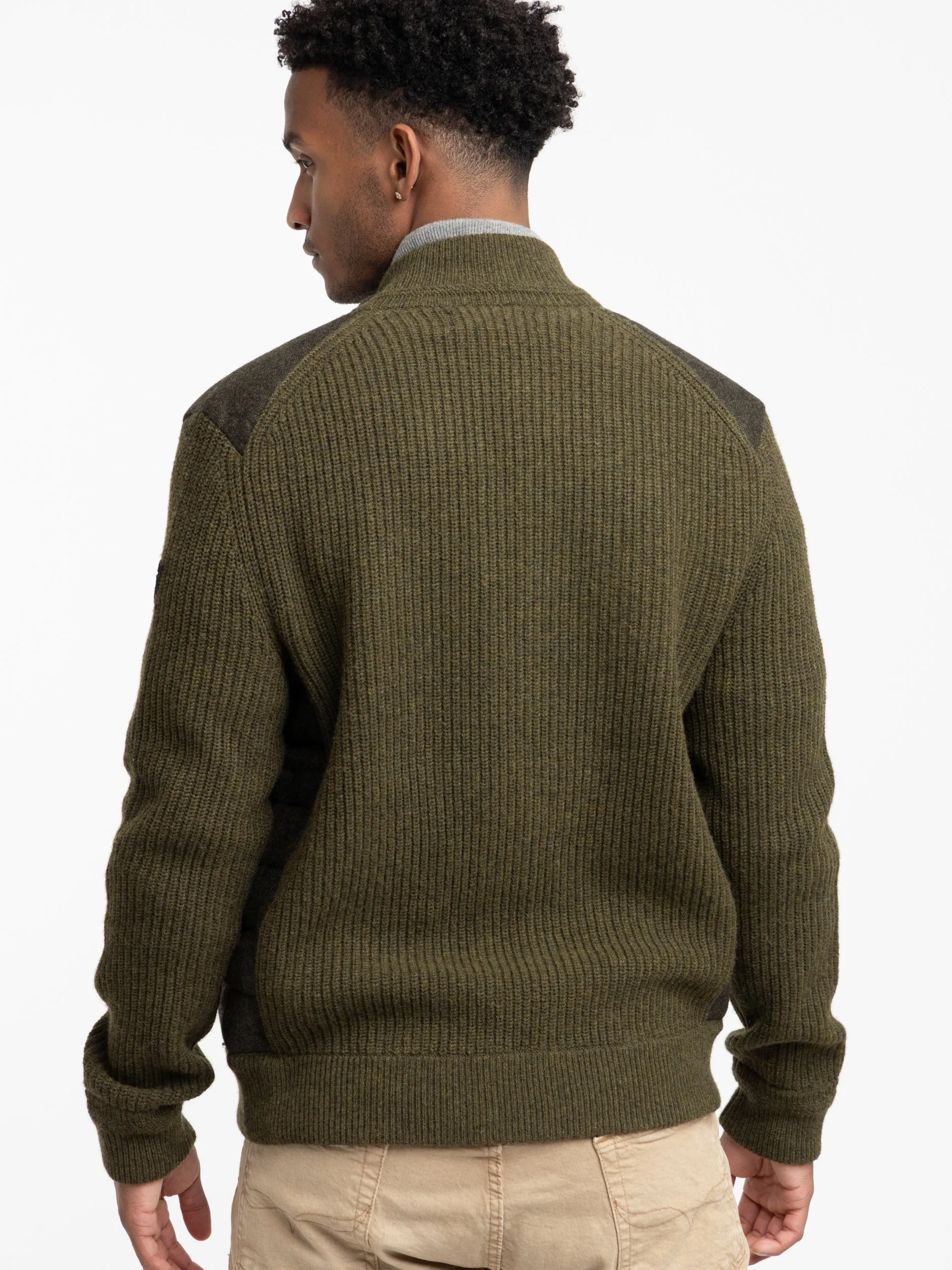 Olive Green Wool-Cashmere Hybrid Full-Zip Sweater