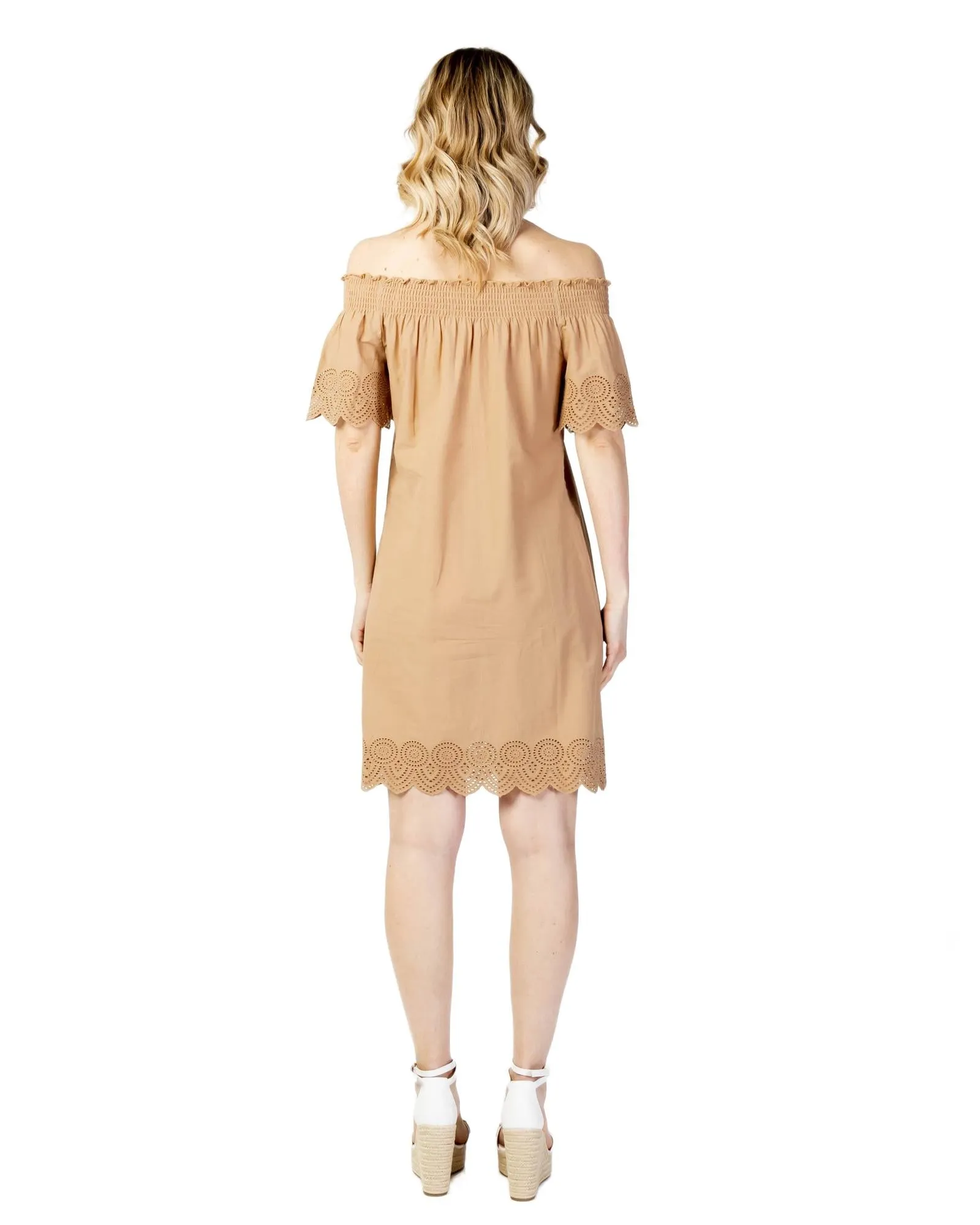 Only Off-Shoulder Eyelet Trim Dress Beige